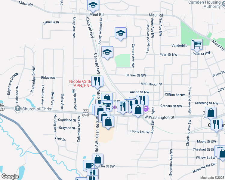 map of restaurants, bars, coffee shops, grocery stores, and more near 1047 McCullough Street in Camden