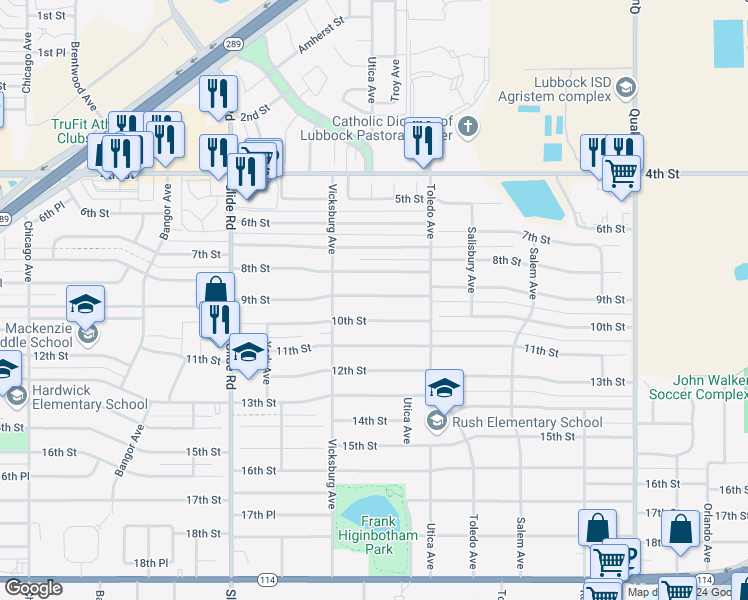 map of restaurants, bars, coffee shops, grocery stores, and more near 4818 9th Street in Lubbock