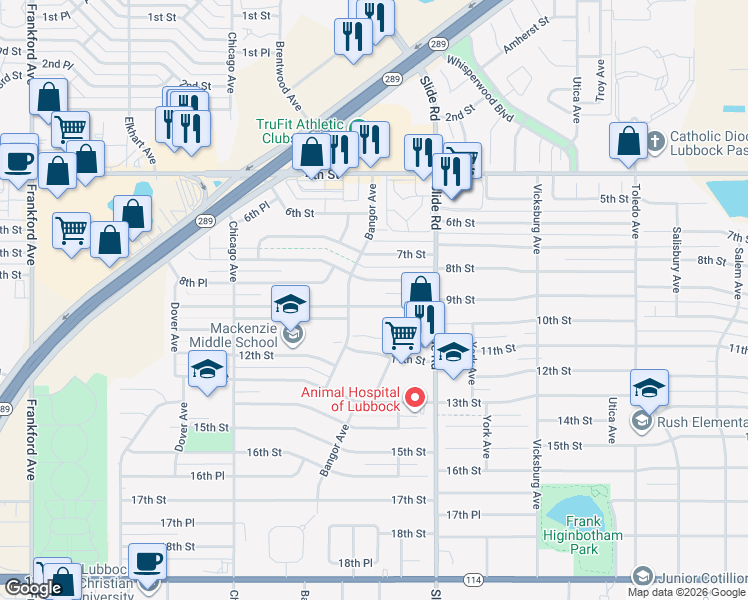 map of restaurants, bars, coffee shops, grocery stores, and more near 5224 9th Street in Lubbock