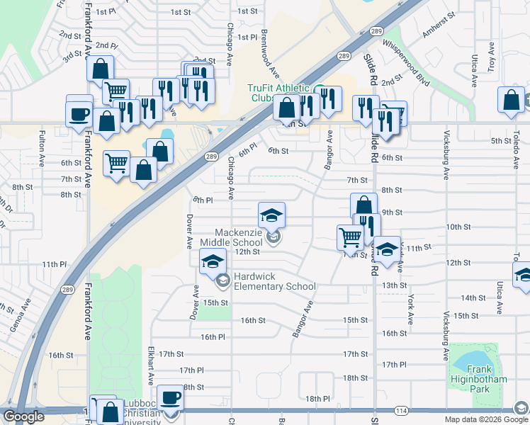 map of restaurants, bars, coffee shops, grocery stores, and more near 5429 8th Place in Lubbock