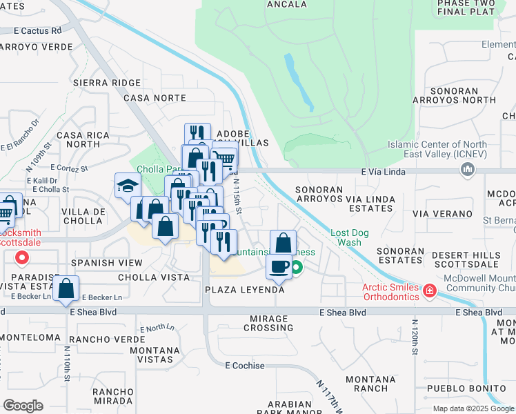 map of restaurants, bars, coffee shops, grocery stores, and more near 11100 North 115th Street in Scottsdale