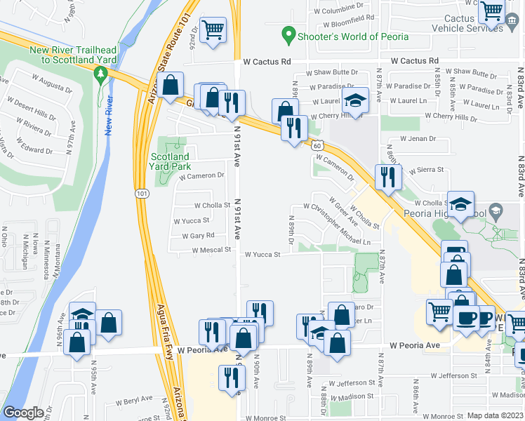 map of restaurants, bars, coffee shops, grocery stores, and more near 11411 North 91st Avenue in Peoria