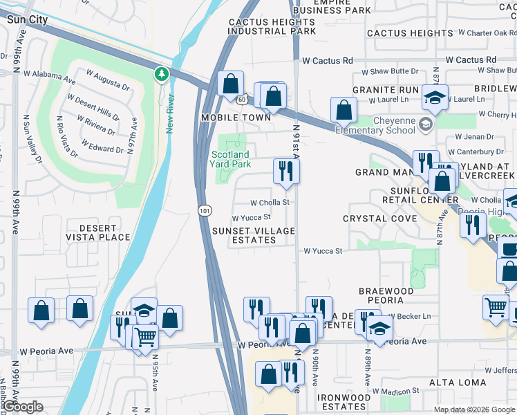 map of restaurants, bars, coffee shops, grocery stores, and more near 9213 West Cholla Street in Peoria