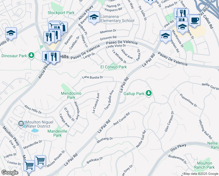 map of restaurants, bars, coffee shops, grocery stores, and more near 25126 Sandia Court in Laguna Hills