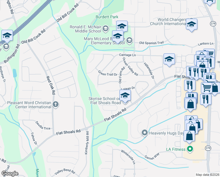 map of restaurants, bars, coffee shops, grocery stores, and more near 2935 Lajean Drive in College Park