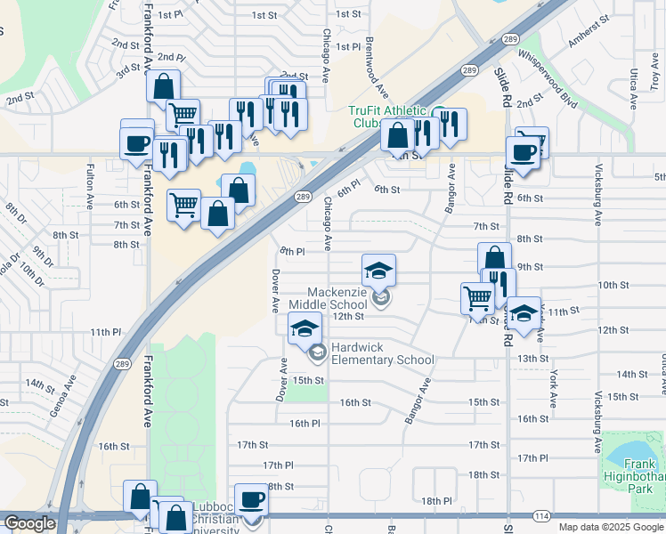 map of restaurants, bars, coffee shops, grocery stores, and more near 5442 9th Street in Lubbock
