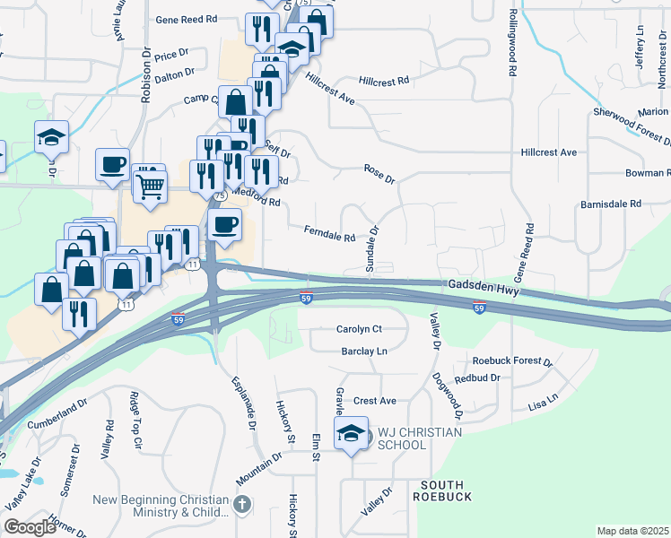 map of restaurants, bars, coffee shops, grocery stores, and more near 350 Gadsden Highway in Birmingham