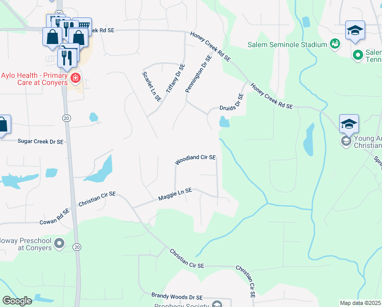 map of restaurants, bars, coffee shops, grocery stores, and more near 3957 Woodland Circle Southeast in Conyers