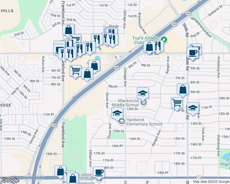 map of restaurants, bars, coffee shops, grocery stores, and more near 5514 9th Street in Lubbock