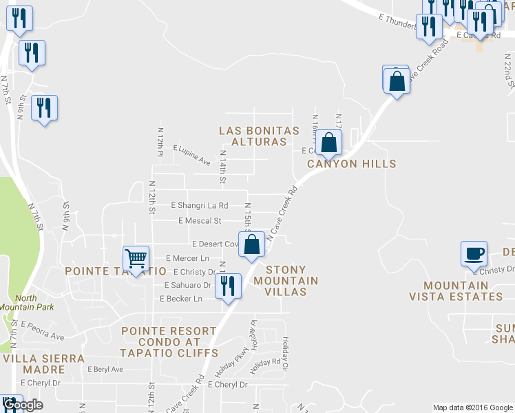 map of restaurants, bars, coffee shops, grocery stores, and more near 1524 East Shangri La Road in Phoenix