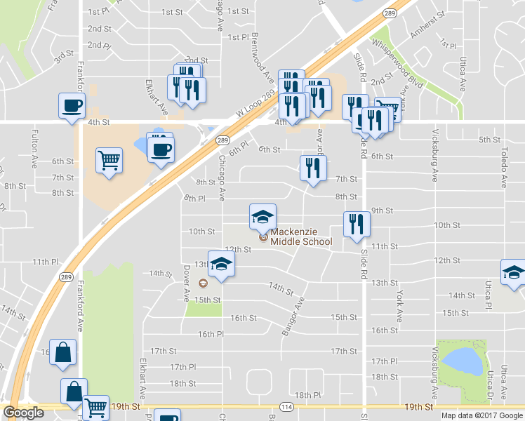 map of restaurants, bars, coffee shops, grocery stores, and more near 5422 9th Street in Lubbock
