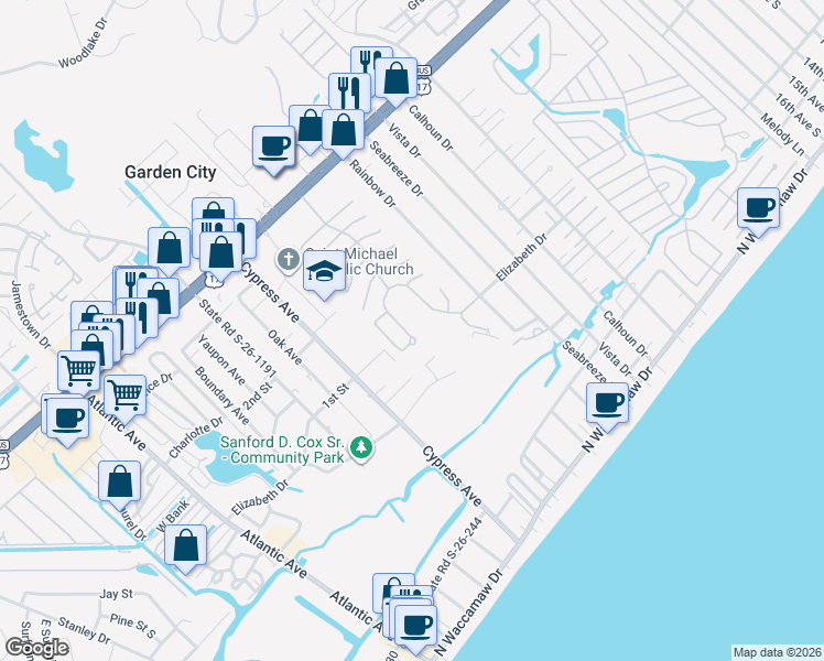 map of restaurants, bars, coffee shops, grocery stores, and more near 517 Bay Dr Exd in Murrells Inlet