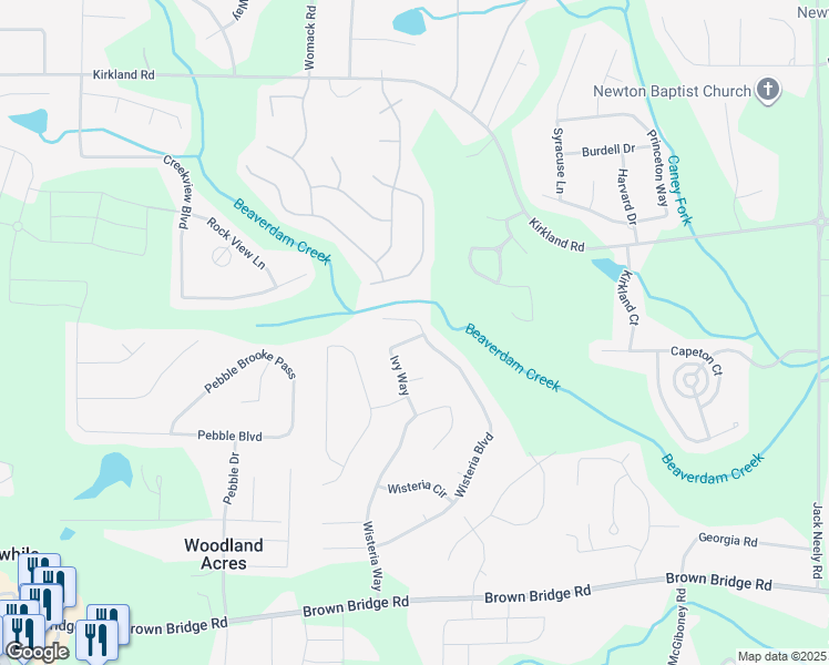 map of restaurants, bars, coffee shops, grocery stores, and more near 545 Wisteria Boulevard in Covington