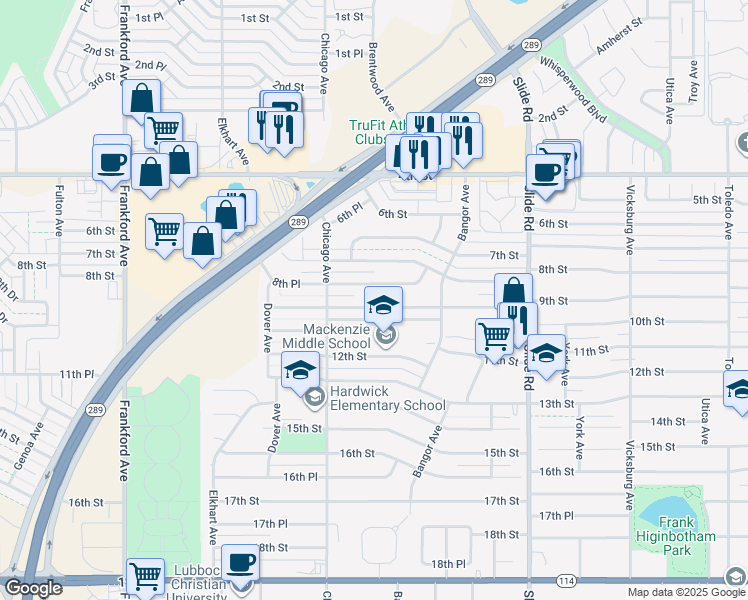 map of restaurants, bars, coffee shops, grocery stores, and more near 5429 8th Place in Lubbock