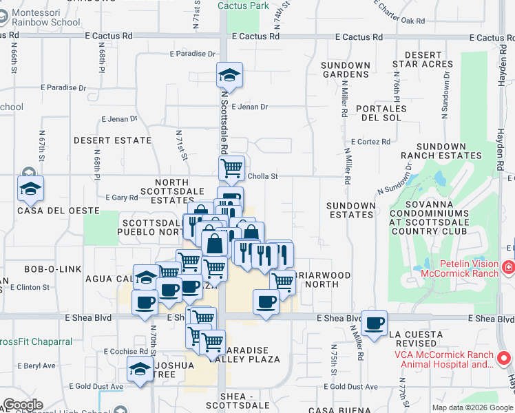 map of restaurants, bars, coffee shops, grocery stores, and more near 11210 North 73rd Street in Scottsdale