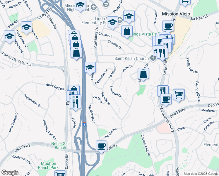 map of restaurants, bars, coffee shops, grocery stores, and more near 25826 Serenata Drive in Mission Viejo