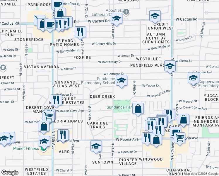 map of restaurants, bars, coffee shops, grocery stores, and more near 7109 West Yucca Street in Peoria