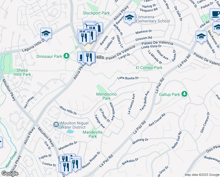 map of restaurants, bars, coffee shops, grocery stores, and more near 25802 La Serra in Laguna Hills