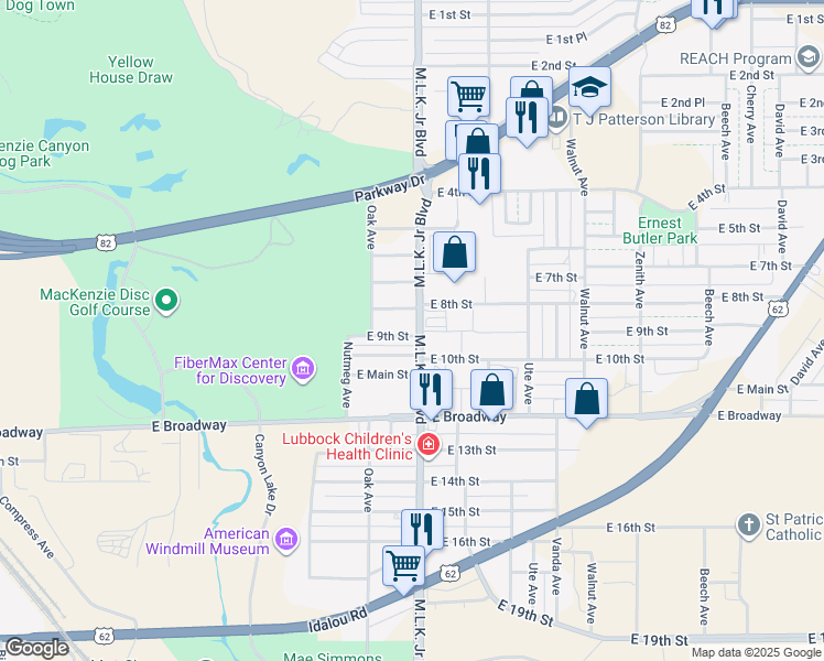 map of restaurants, bars, coffee shops, grocery stores, and more near 820 Martin Luther King Junior Boulevard in Lubbock
