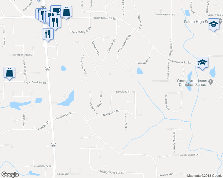 map of restaurants, bars, coffee shops, grocery stores, and more near 3951 Woodland Circle Southeast in Conyers