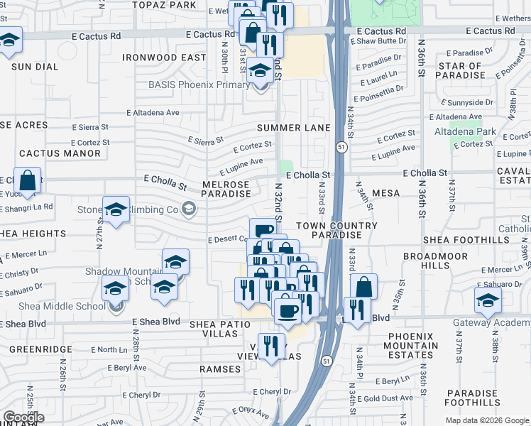 map of restaurants, bars, coffee shops, grocery stores, and more near 3121 East Shangri La Road in Phoenix