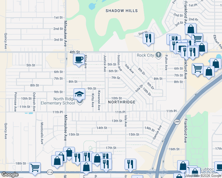 map of restaurants, bars, coffee shops, grocery stores, and more near 6126 9th Street in Lubbock