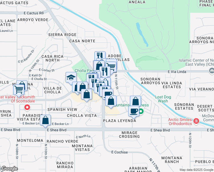 map of restaurants, bars, coffee shops, grocery stores, and more near 11100 North 115th Street in Scottsdale