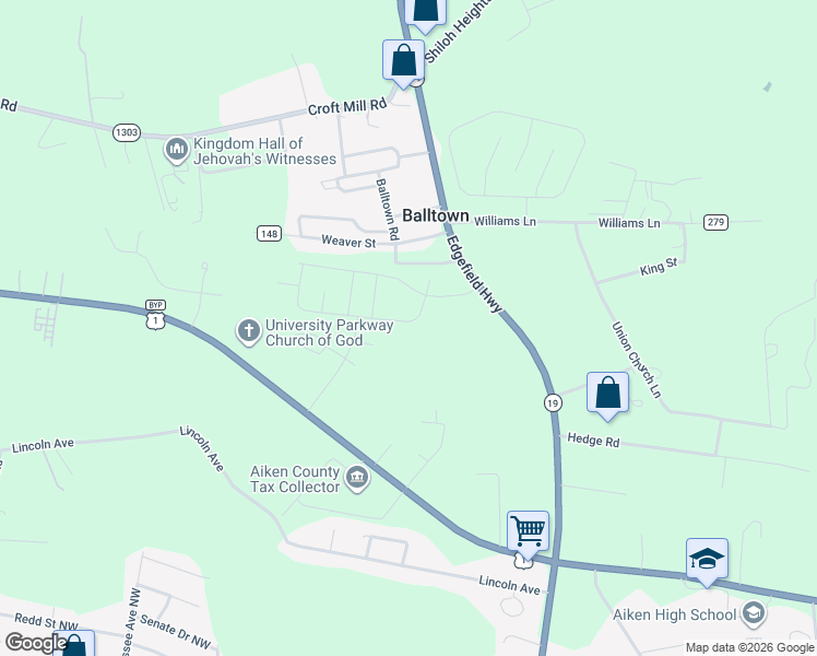 map of restaurants, bars, coffee shops, grocery stores, and more near 127 English Oak Lane in Aiken