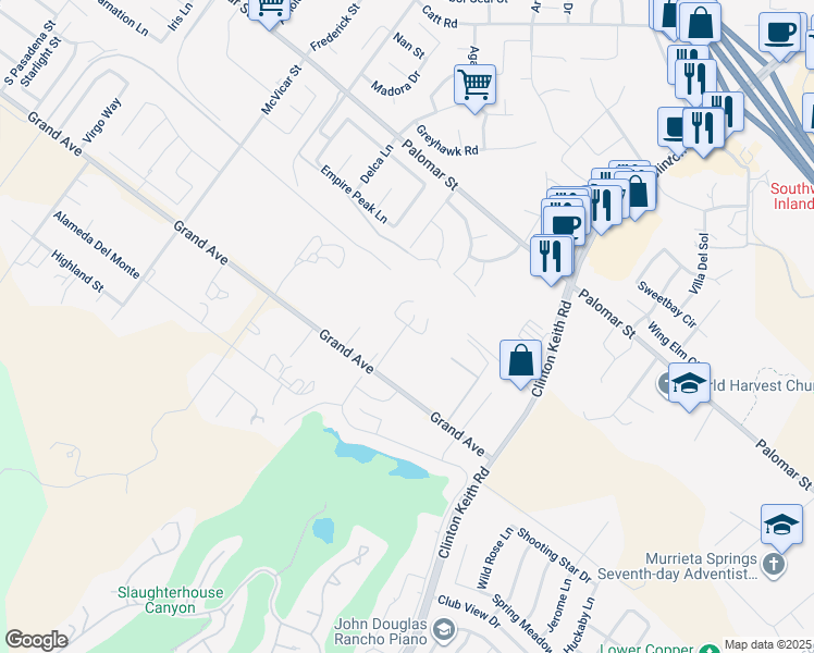 map of restaurants, bars, coffee shops, grocery stores, and more near 22598 Grand Avenue in Wildomar