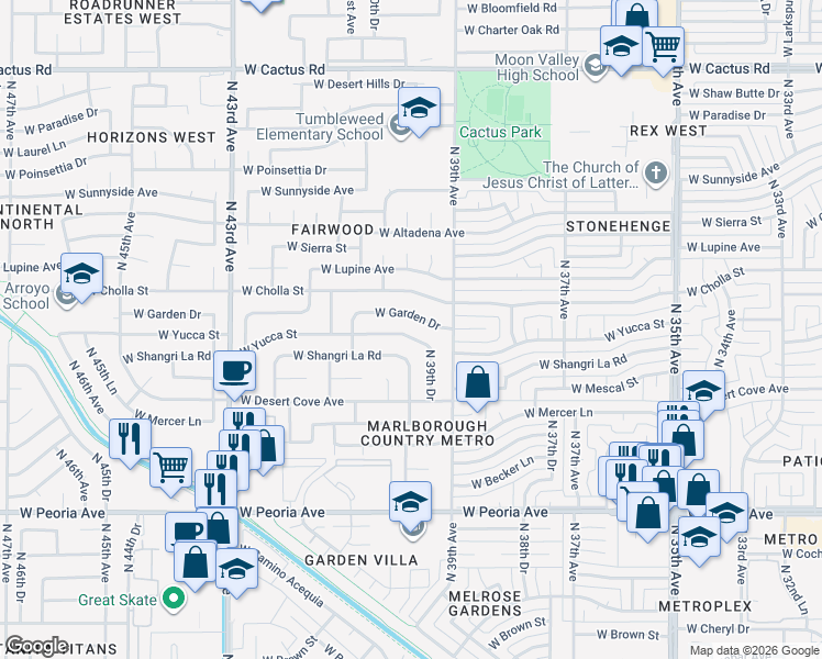map of restaurants, bars, coffee shops, grocery stores, and more near 3940 West Yucca Street in Phoenix