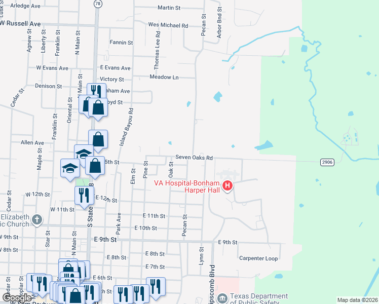 map of restaurants, bars, coffee shops, grocery stores, and more near 811 Seven Oaks Road in Bonham