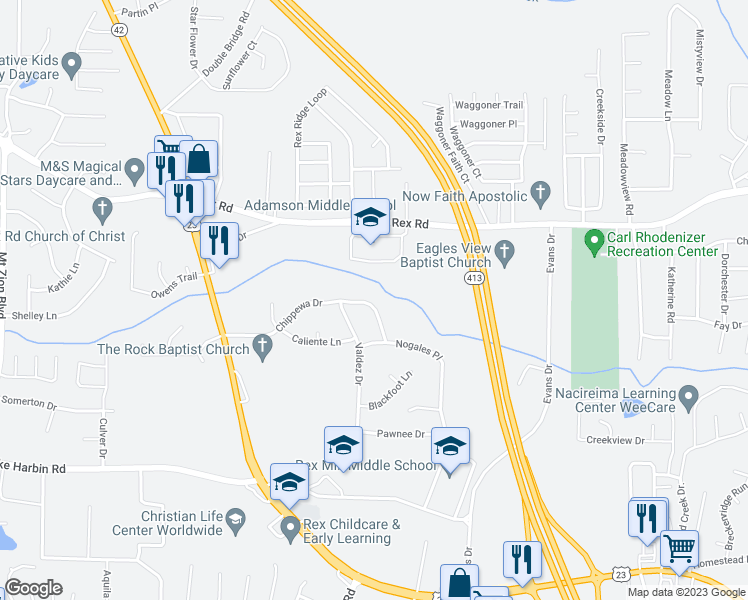 map of restaurants, bars, coffee shops, grocery stores, and more near 3176 Chippewa Drive in Rex