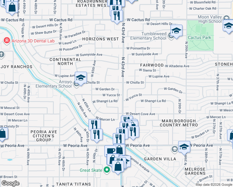 map of restaurants, bars, coffee shops, grocery stores, and more near 11209 North 43rd Drive in Glendale