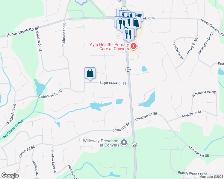 map of restaurants, bars, coffee shops, grocery stores, and more near 3816 Arbor Lane Southeast in Conyers