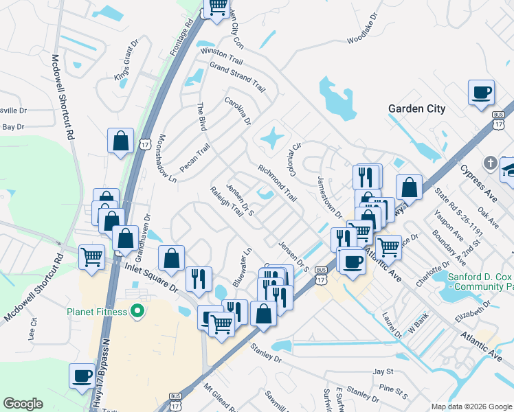 map of restaurants, bars, coffee shops, grocery stores, and more near 2982 Emory Trail in Murrells Inlet