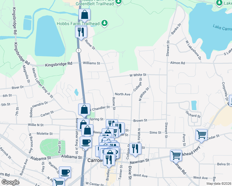 map of restaurants, bars, coffee shops, grocery stores, and more near 2 North Avenue in Carrollton