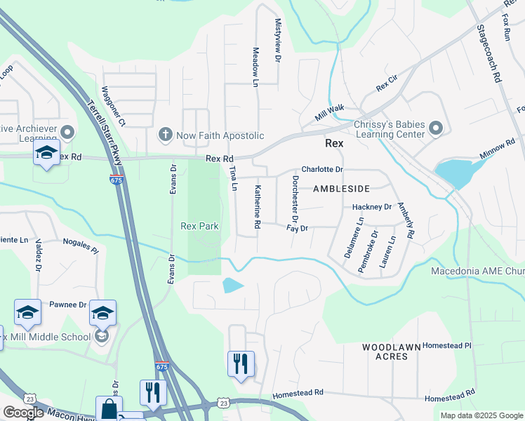 map of restaurants, bars, coffee shops, grocery stores, and more near 6094 Katherine Road in Rex