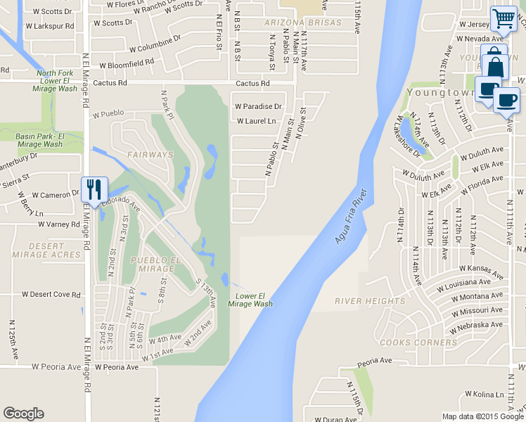 map of restaurants, bars, coffee shops, grocery stores, and more near 11421 N Pablo St in El Mirage