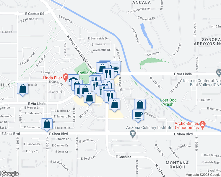 map of restaurants, bars, coffee shops, grocery stores, and more near 11100 North 115th Street in Scottsdale