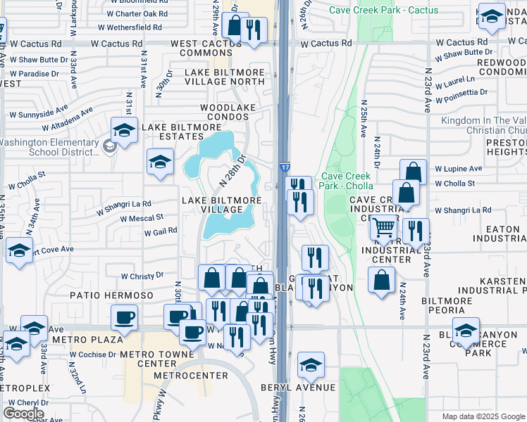 map of restaurants, bars, coffee shops, grocery stores, and more near 11050 North Biltmore Drive in Phoenix