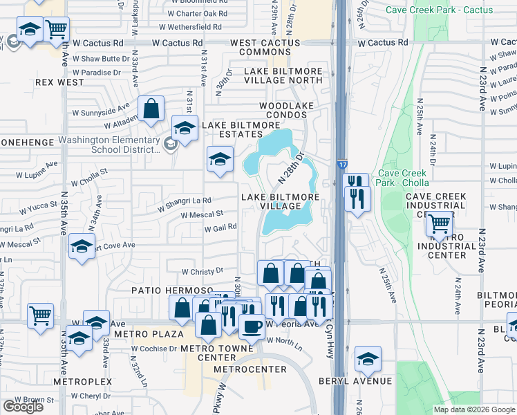 map of restaurants, bars, coffee shops, grocery stores, and more near 11026 North 28th Drive in Phoenix