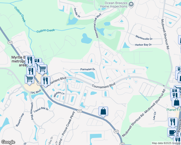 map of restaurants, bars, coffee shops, grocery stores, and more near 161 Parmelee Drive in Murrells Inlet