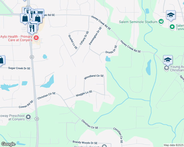 map of restaurants, bars, coffee shops, grocery stores, and more near 3957 Woodland Circle Southeast in Conyers