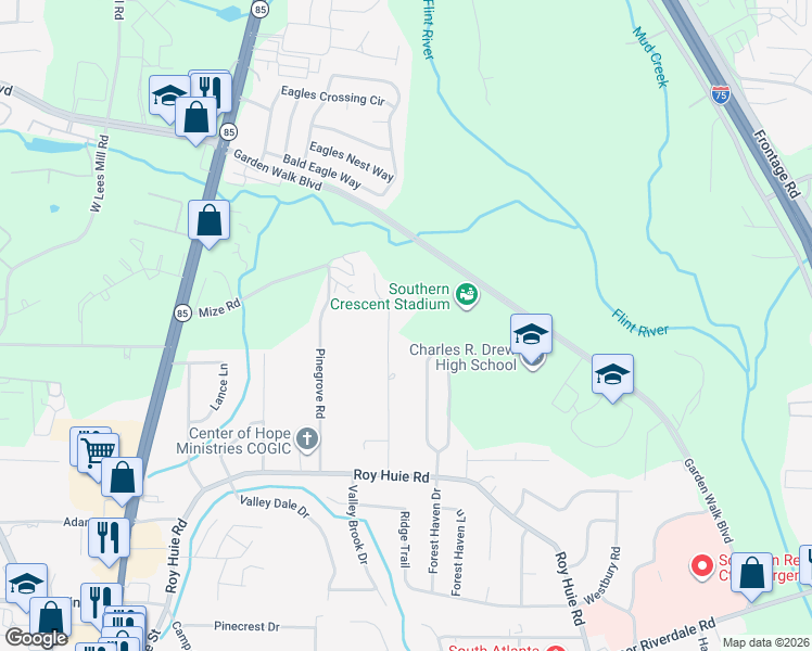 map of restaurants, bars, coffee shops, grocery stores, and more near 6114 Johnson Road in Riverdale