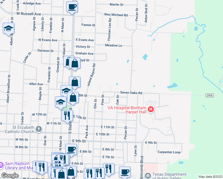 map of restaurants, bars, coffee shops, grocery stores, and more near 613 Seven Oaks Road in Bonham