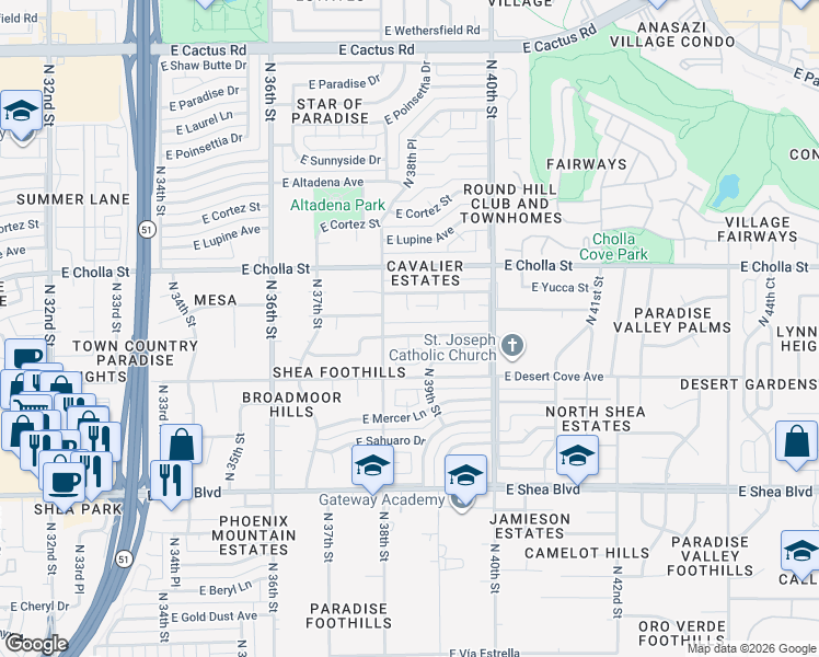 map of restaurants, bars, coffee shops, grocery stores, and more near 3822 East Shangri La Road in Phoenix