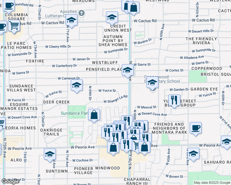 map of restaurants, bars, coffee shops, grocery stores, and more near 6751 West Yucca Street in Peoria