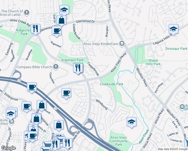 map of restaurants, bars, coffee shops, grocery stores, and more near 2 Mansera Place in Aliso Viejo