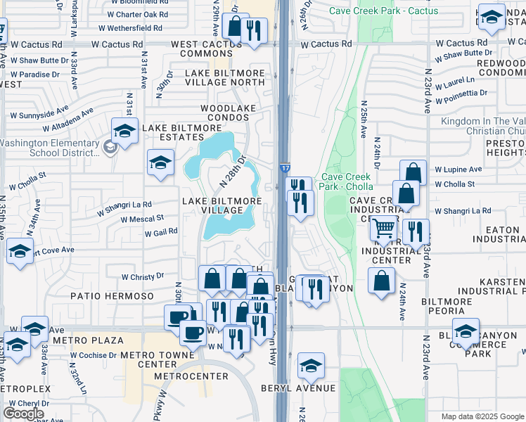 map of restaurants, bars, coffee shops, grocery stores, and more near 11050 North Biltmore Drive in Phoenix