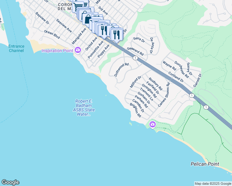 map of restaurants, bars, coffee shops, grocery stores, and more near 177 Shorecliff Road in Newport Beach